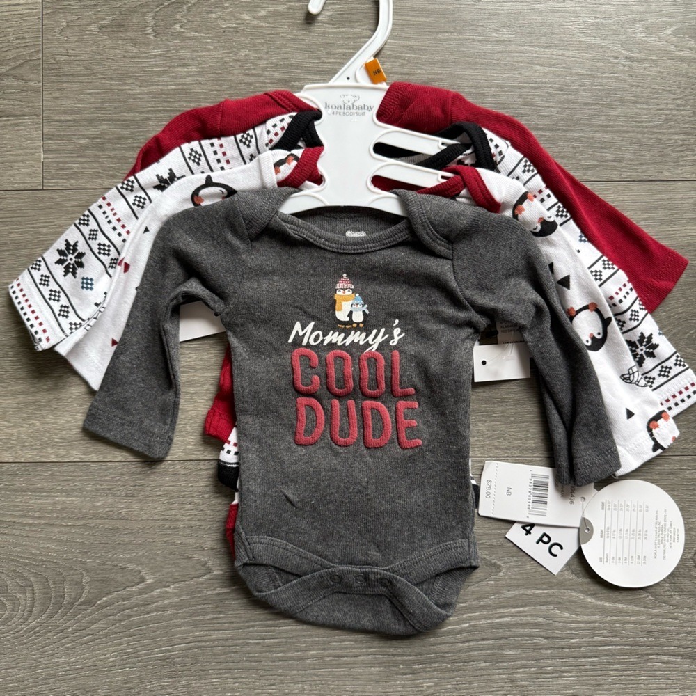 Koala Baby Newborn Boy 4PK Long Sleeve Bodysuits Penguin Fair Isle Red Grey NB